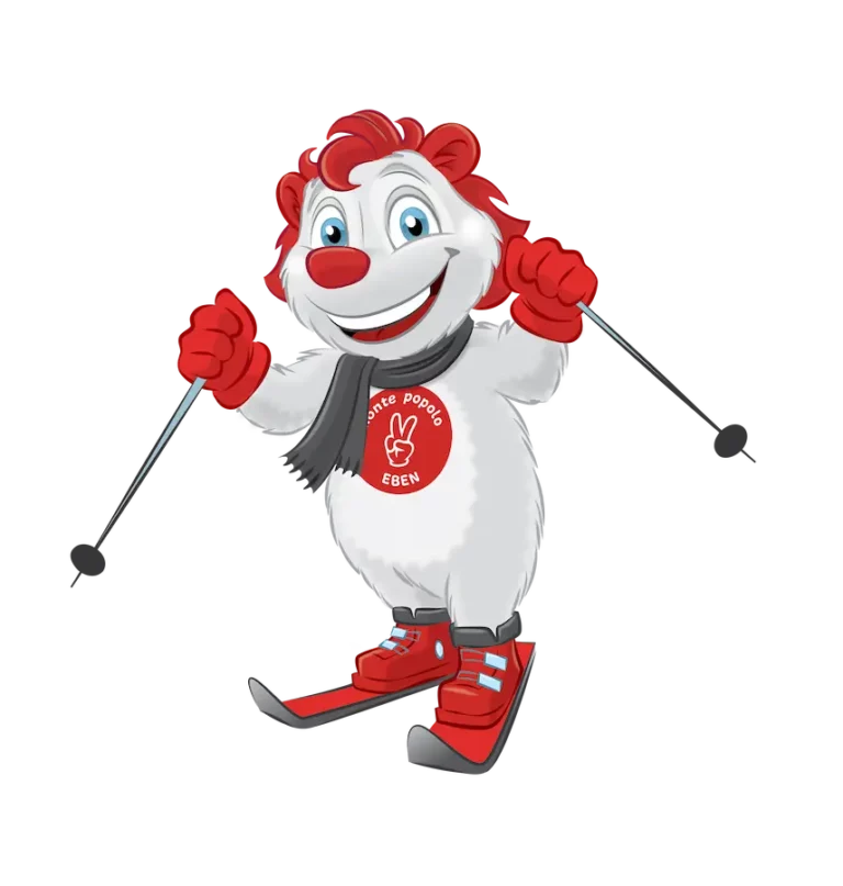 Maskottchen Monti beim Skifahren im Kinderskigebiet monte popolo